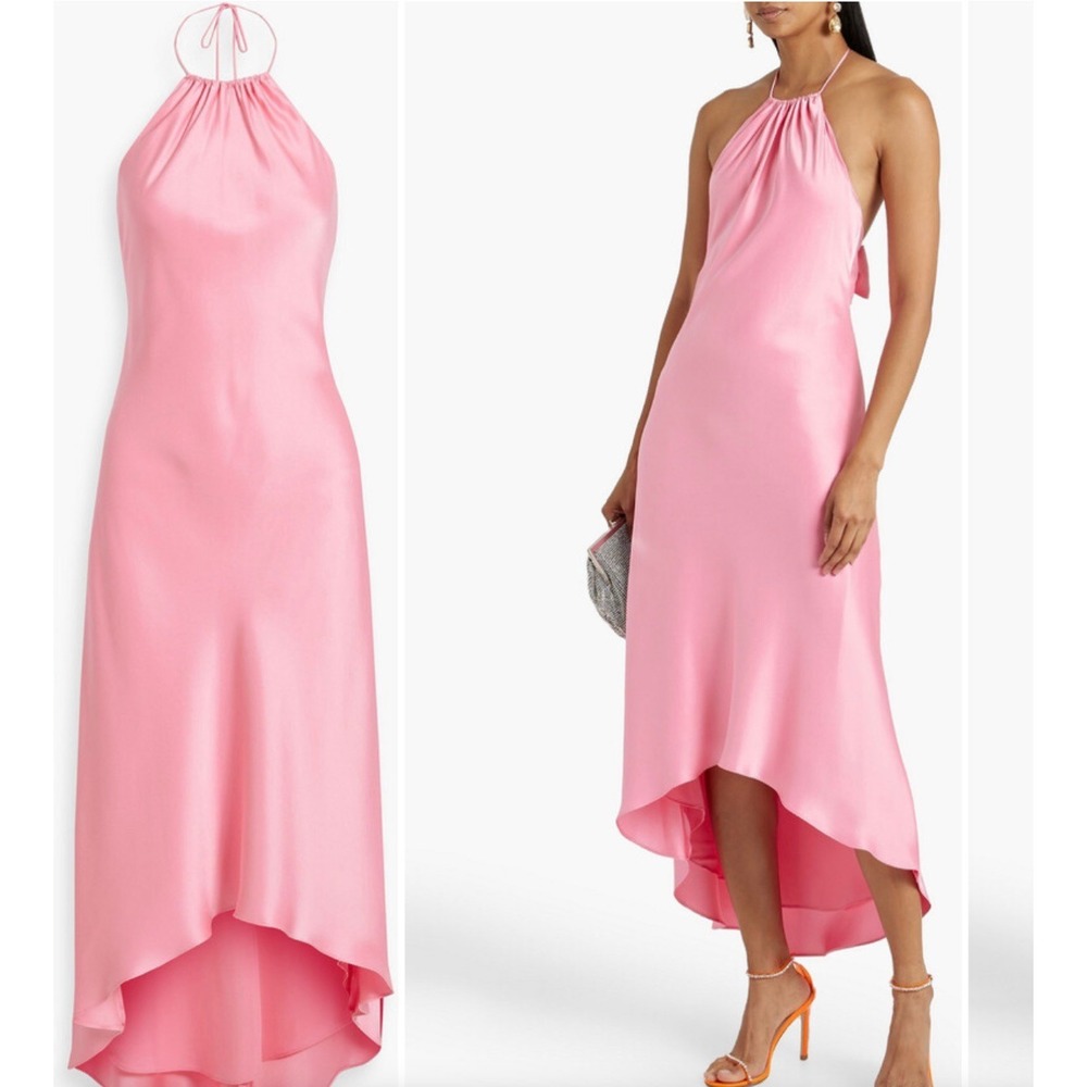 Alice + Olivia Pink Satin Halter High-Low Gown Open Back Bow Detail Dress Size 2